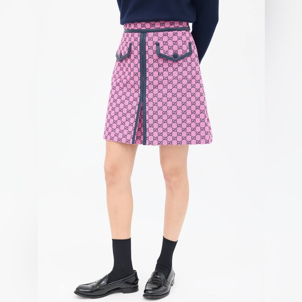 Gucci Pink & Blue Cotton GG Box Pleated Skirt